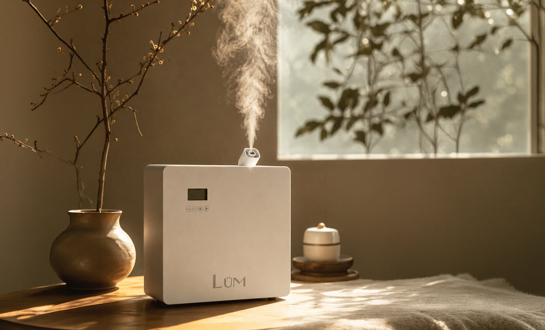 Difusor LÜM de vapor en frío emitiendo una fina bruma sobre una mesa, en un ambiente cálido y natural.
