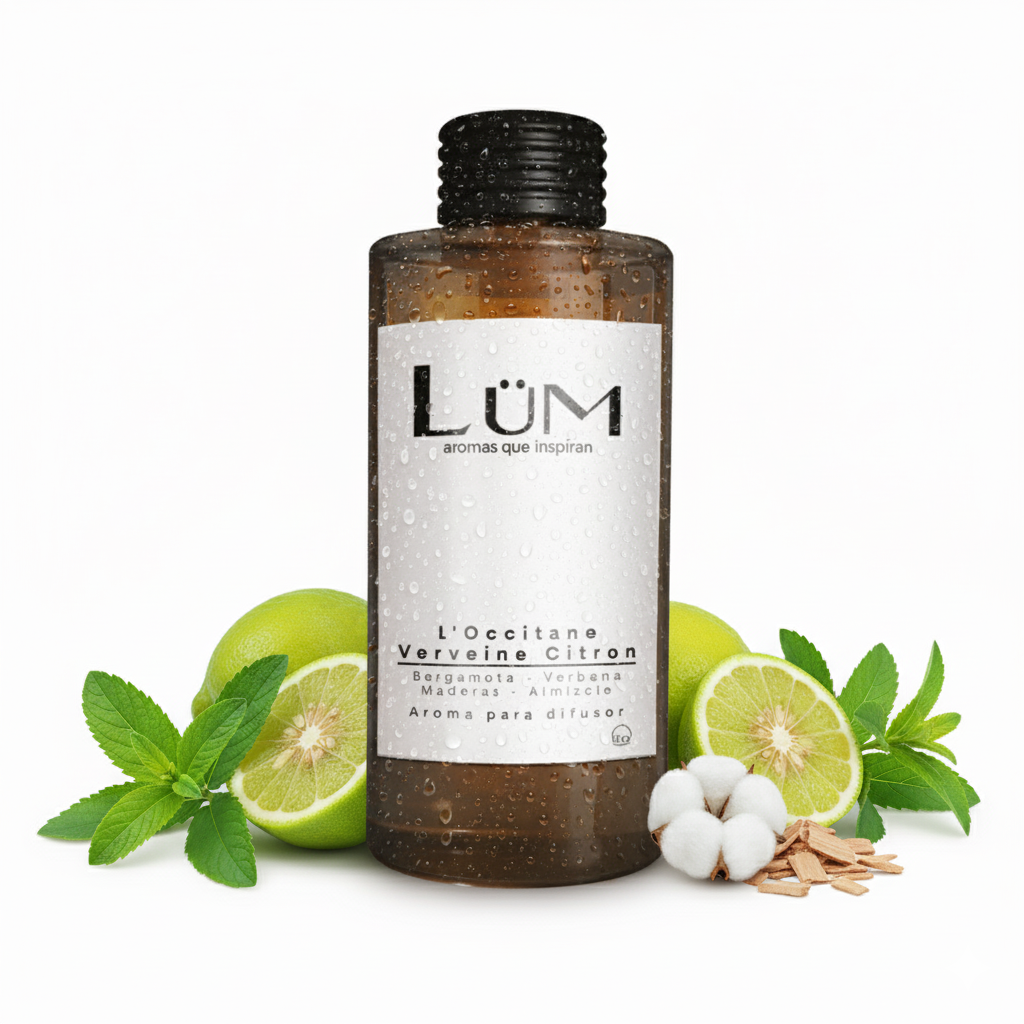 Aroma para difusor LÜM L’Occitane Verbena Citron con limón, menta y notas naturales en fondo blanco