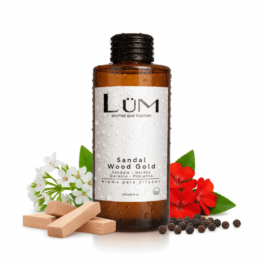 Difusor de aroma Sandal Wood Gold Lüm con sándalo, nardos, geranio y pimienta