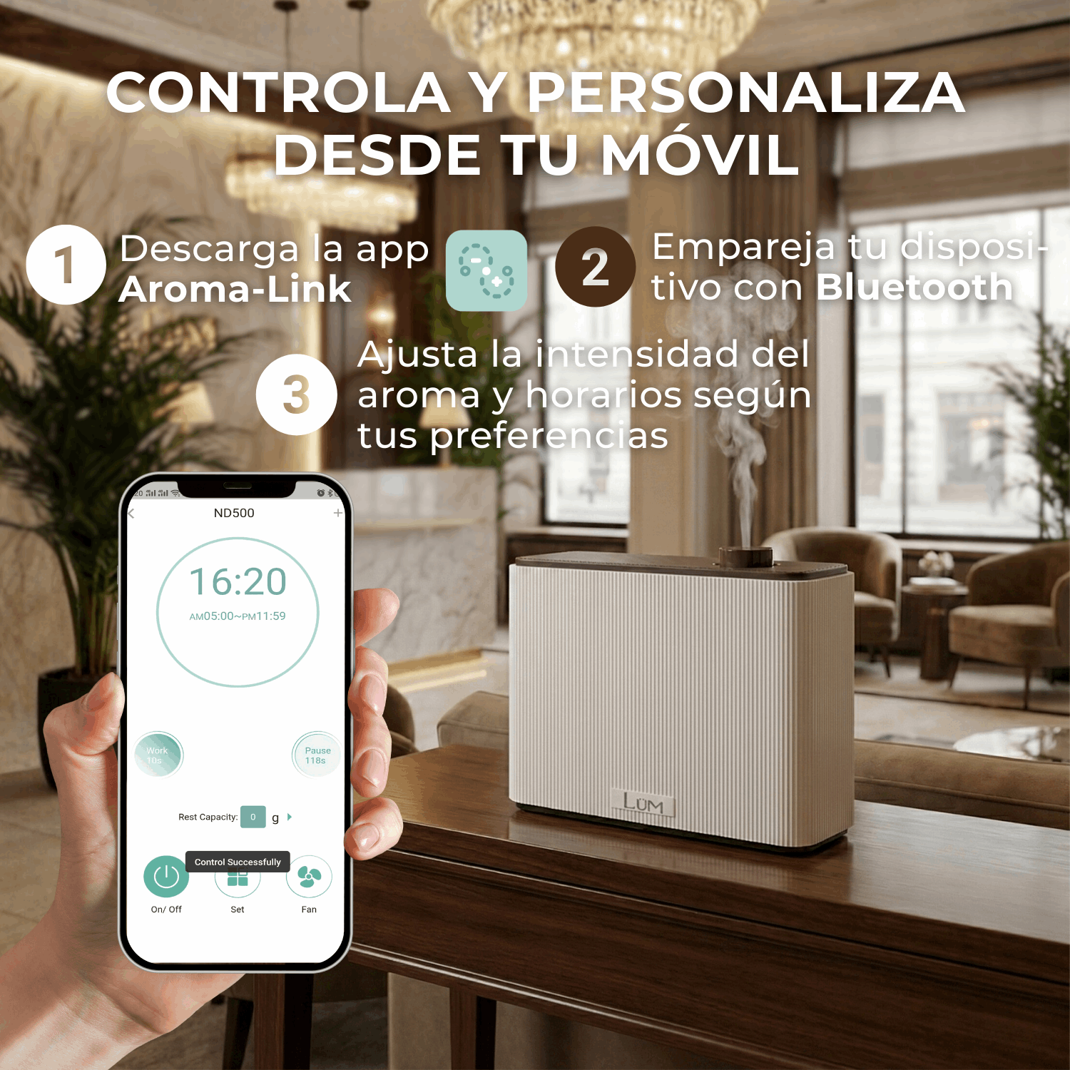 Difusor Solstice 2,500m3 + 1,000m2 BT- WiFi + Aroma Gratis (Blanco)