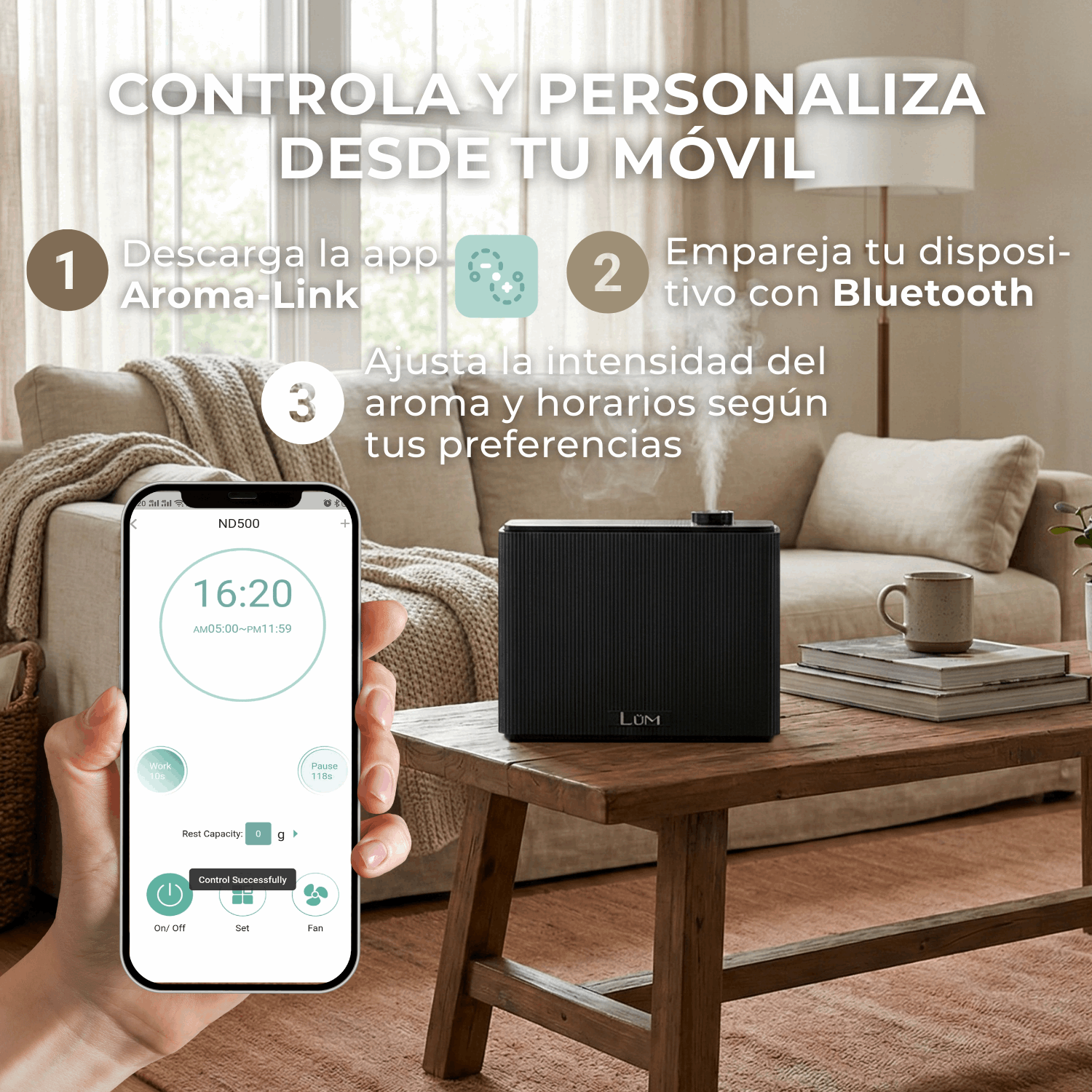 Difusor Solstice 2,500m3 + 1,000m2 BT- WiFi + Aroma Gratis (Negro)