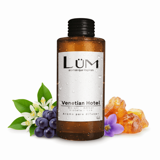 Aroma Venetian Hotel Las Vegas LÜM para difusor en botella ámbar con etiqueta blanca